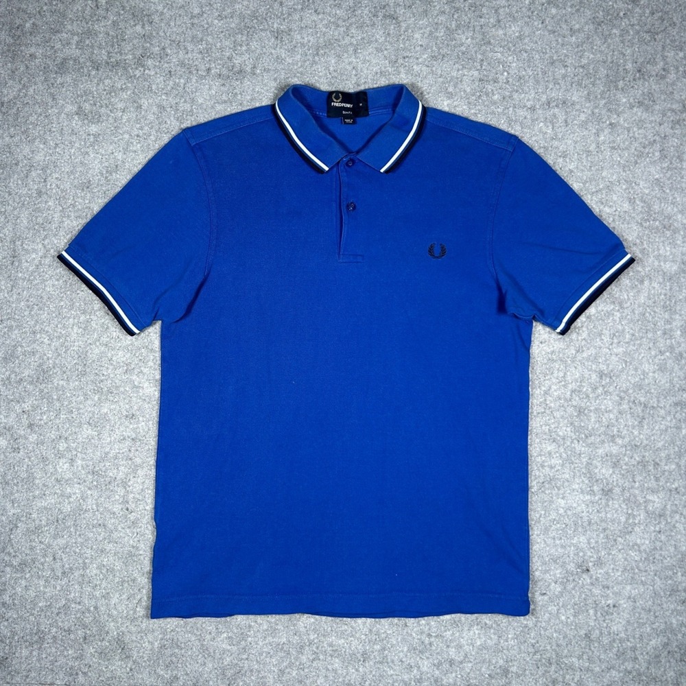 Fred Perry Polo Shirt Mens Size medium royale Blue Slim Fit Twin Tipped Preppy